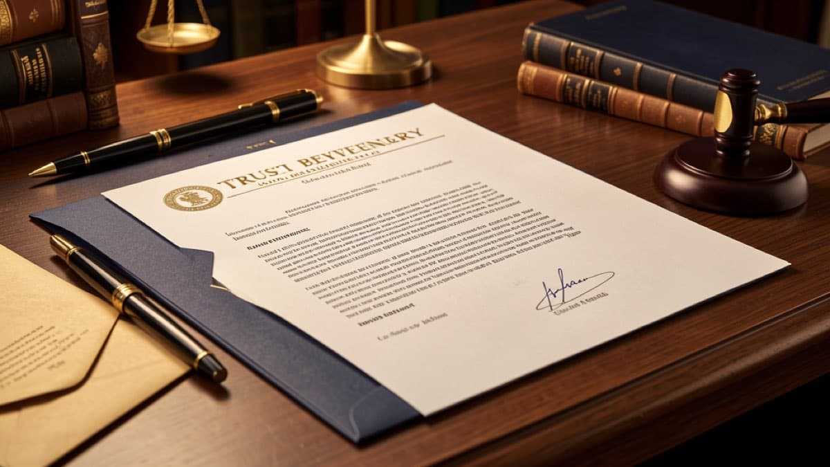 Trust beneficiary communication requirements — trustee writing a beneficiary notification letter with trust documents nearby