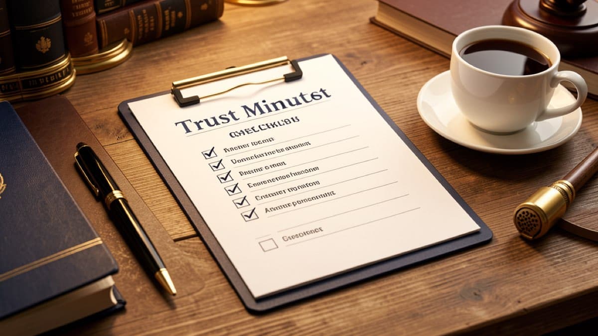 Trust minutes checklist - clipboard with checklist items for trust meeting minutes compliance and documentation