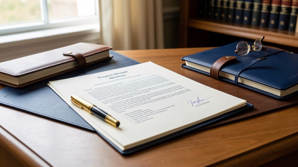Trust minutes example — sample trust meeting minutes document on a desk with a pen and clipboard