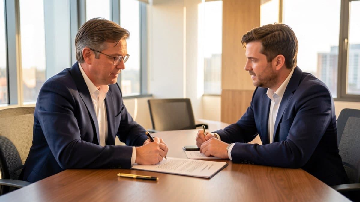 Trust protector role in minutes: trustee and legal advisor reviewing trust documents at a conference table