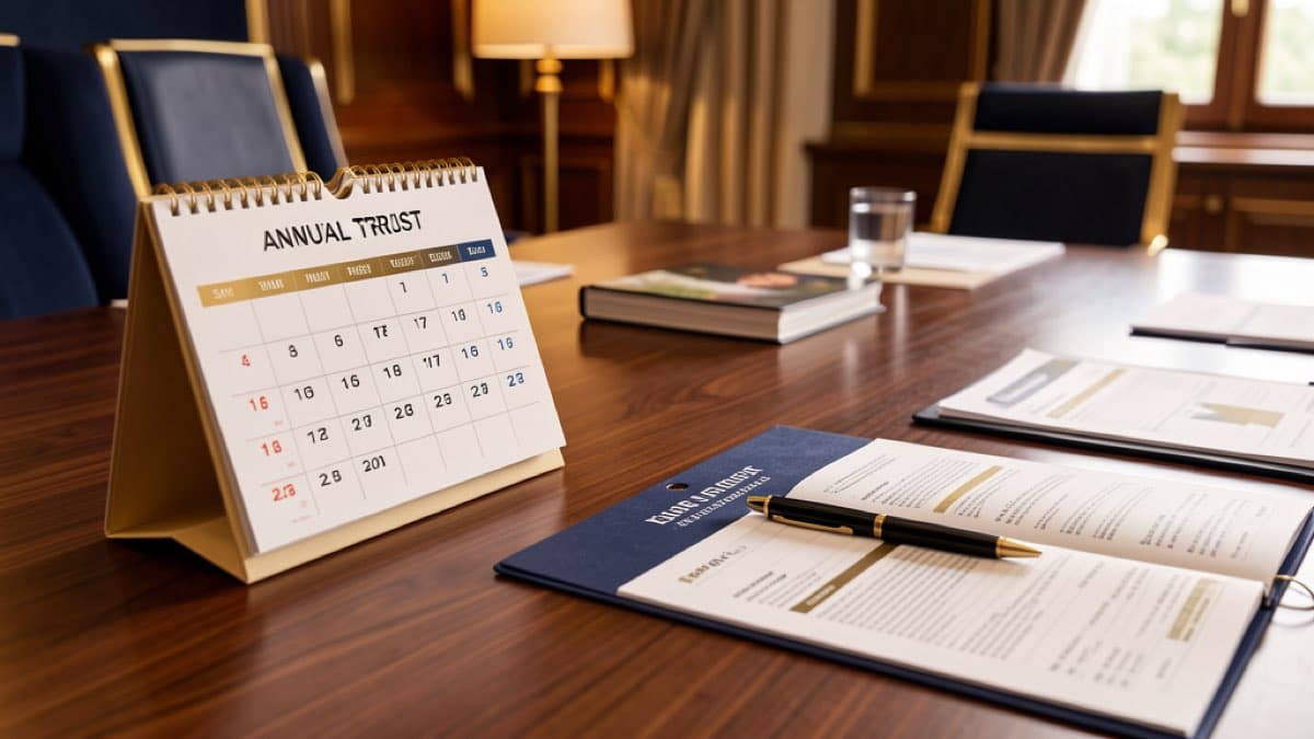 Annual review meeting minutes — calendar and trust review documents with financial summaries for yearly trustee assessment