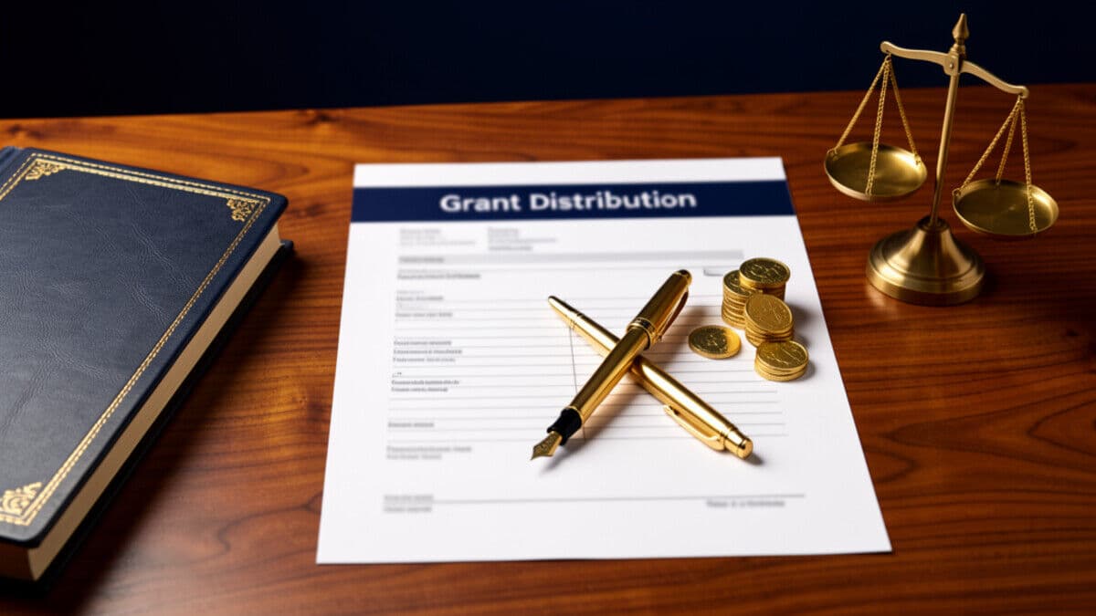 Grant distribution form with gold coins and brass scales on a polished wood desk