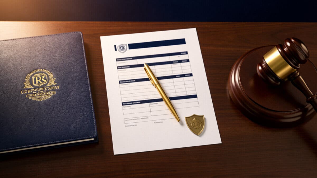IRS tax compliance form with brass shield and gavel on a dark wood desk