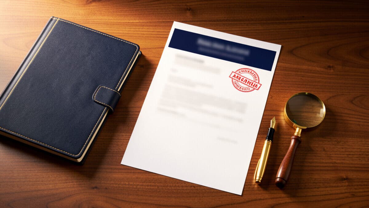 Compliance audit document with red warning stamp and brass magnifying glass on a walnut desk