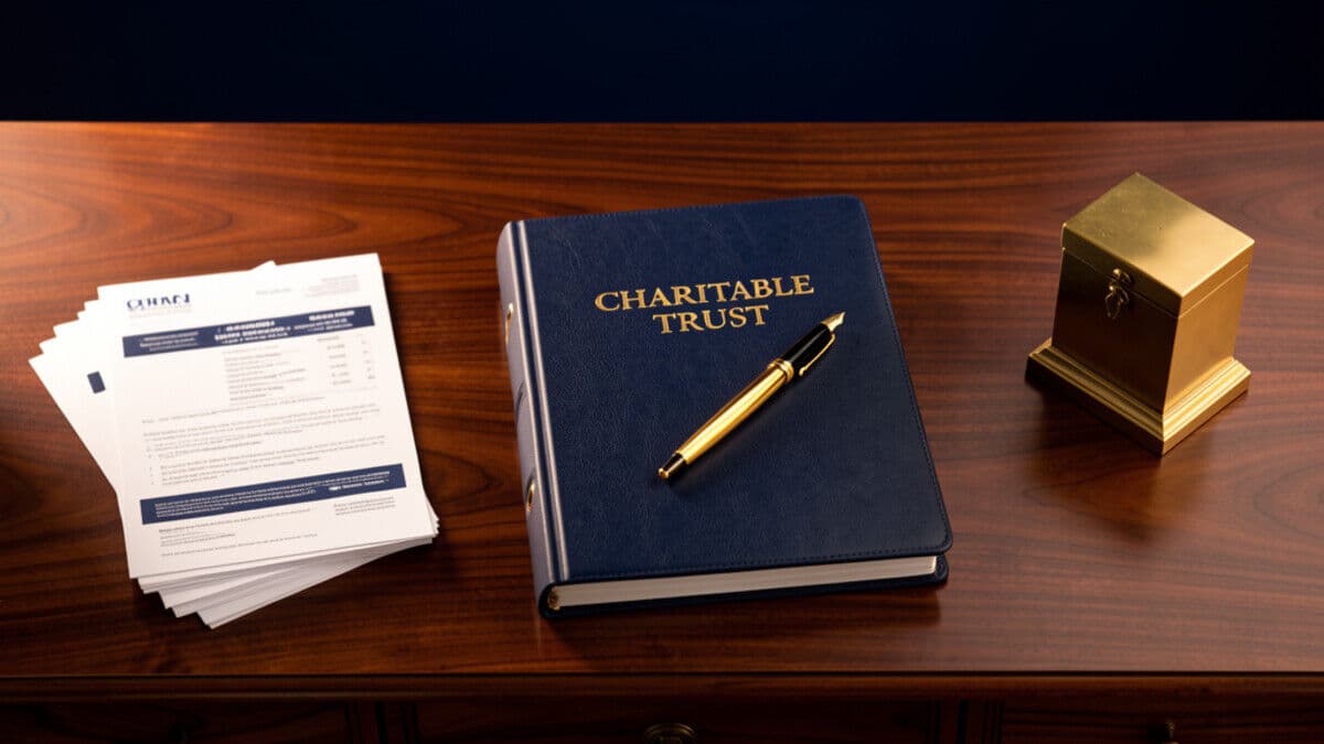 Charitable trust documentation guide - grant records, meeting minutes documents, and legal references on a trustee desk