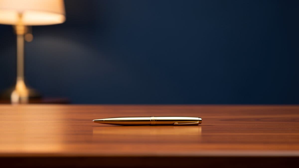 Does a trust have to be recorded, gold pen on legal desk with navy bokeh background