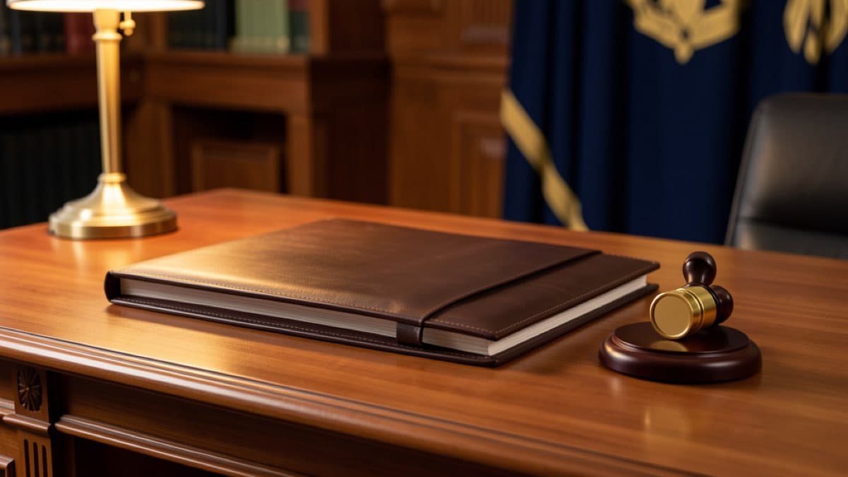 Does a trust have to be recorded, closed leather portfolio with gold seal stamp on a legal desk