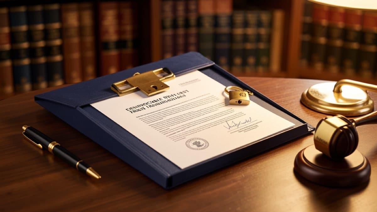 Irrevocable trust meeting minutes — locked vault and trust agreement documents representing irrevocable trust administration