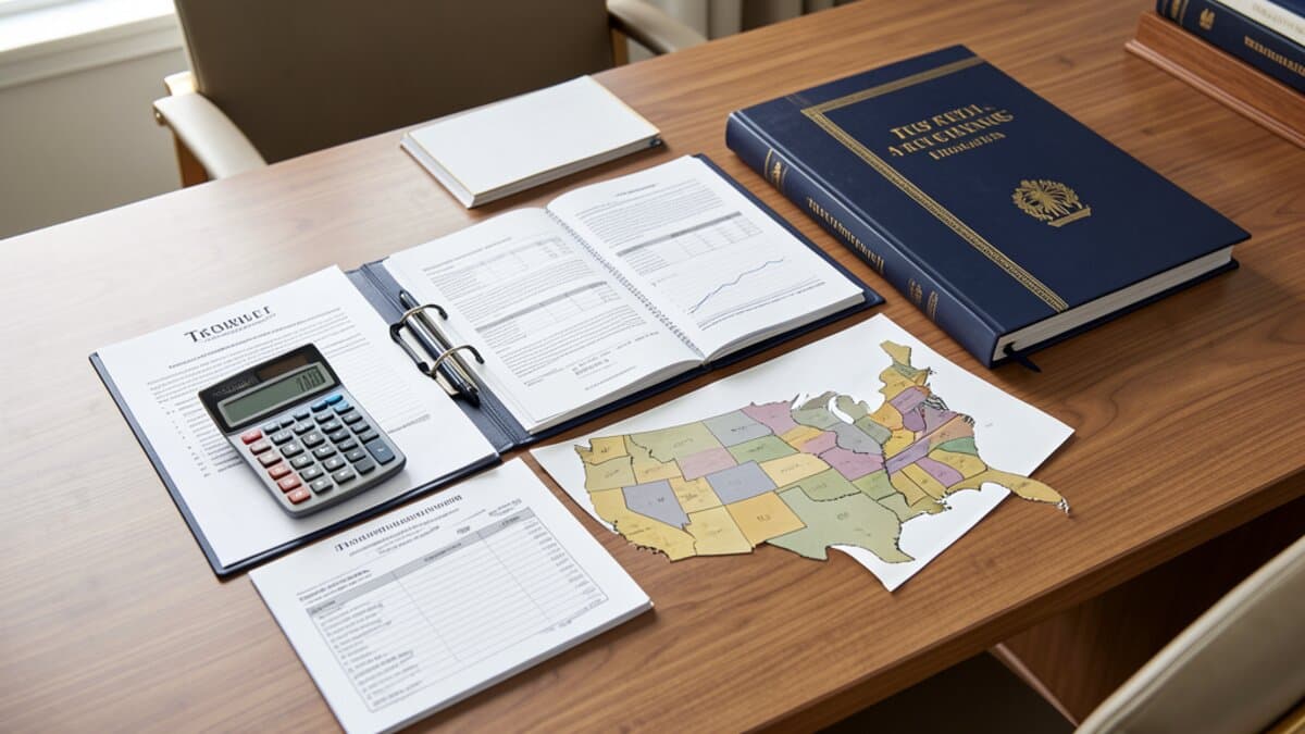 Trust accounting requirements by state — trustee desk with financial documents and US state map