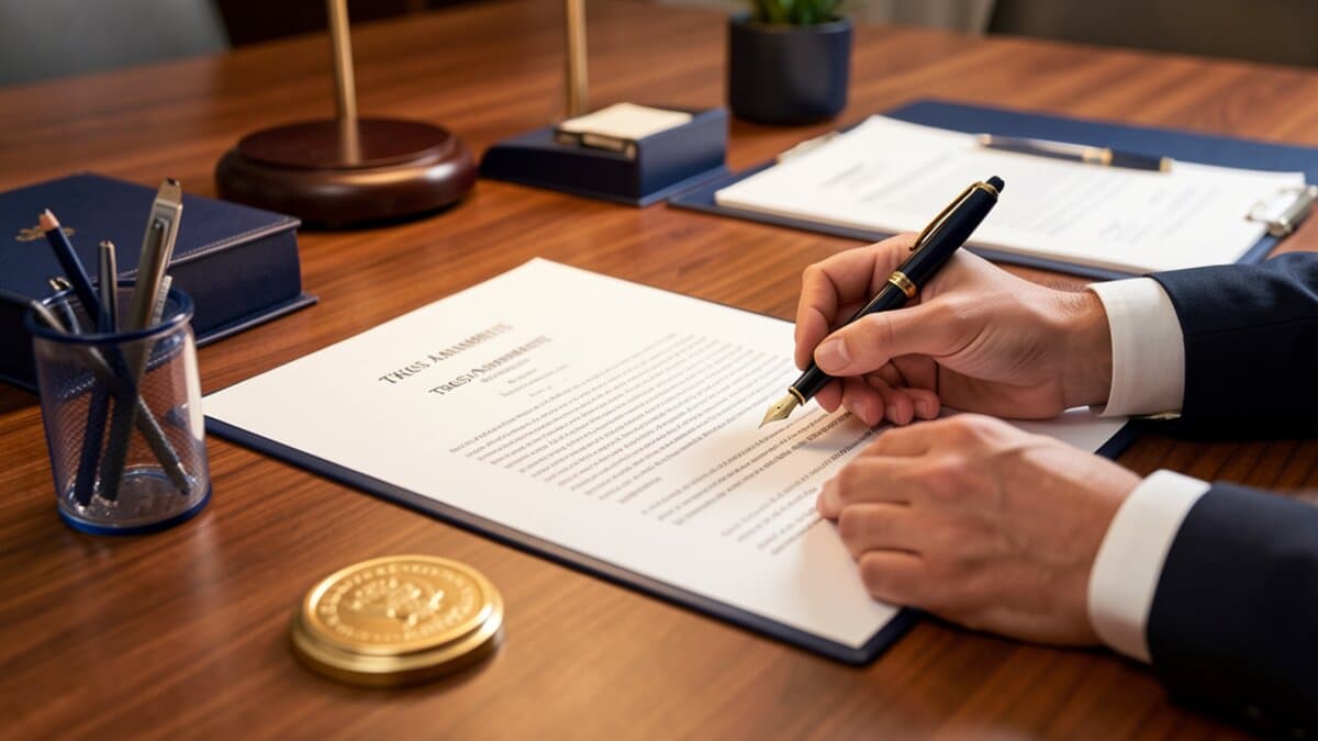 Documenting trust amendments, signing a trust amendment document with fountain pen and notary seal
