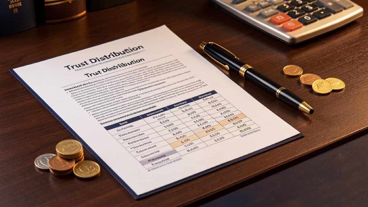 Trust distribution minutes - financial documents showing trust income distribution with calculator and pen on desk