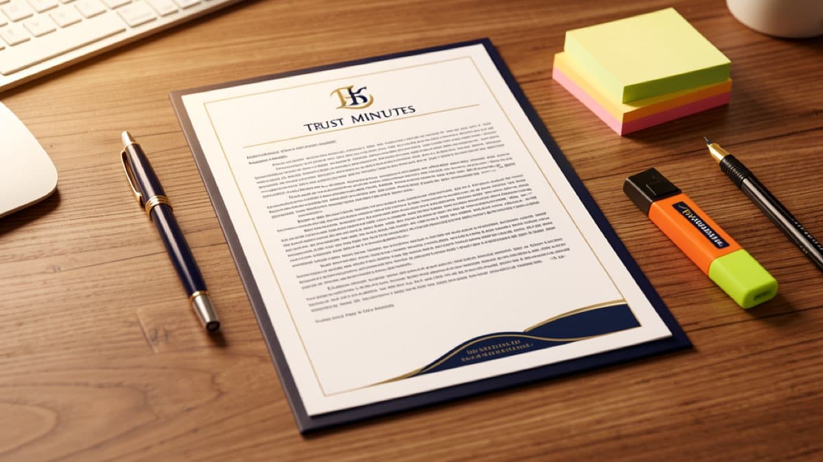 Trust minutes template, blank trust meeting minutes form with placeholders on a professional desk setup