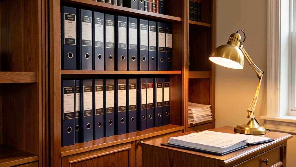 Trust record keeping requirements: organized filing system with trust documents, folders, and legal reference books