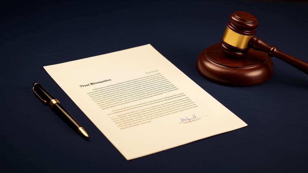 Trust resolution best practices — formal resolution document with gavel and fountain pen on navy background