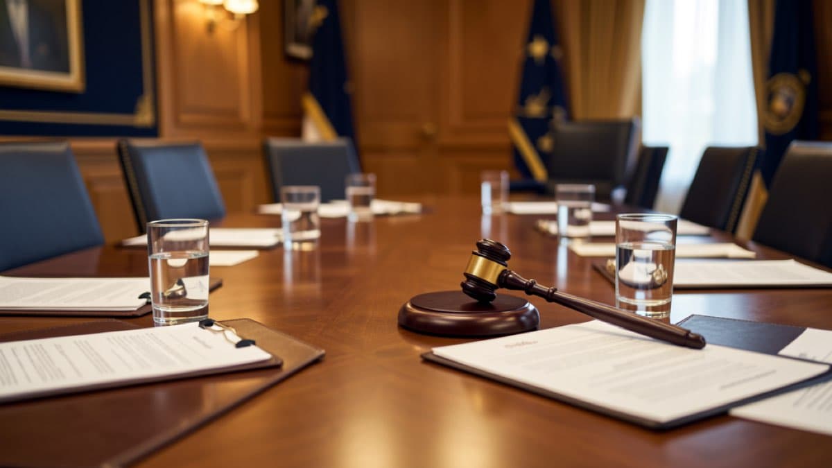 Trustee meeting minutes - boardroom table with trustees, documents, and meeting agenda for trust administration