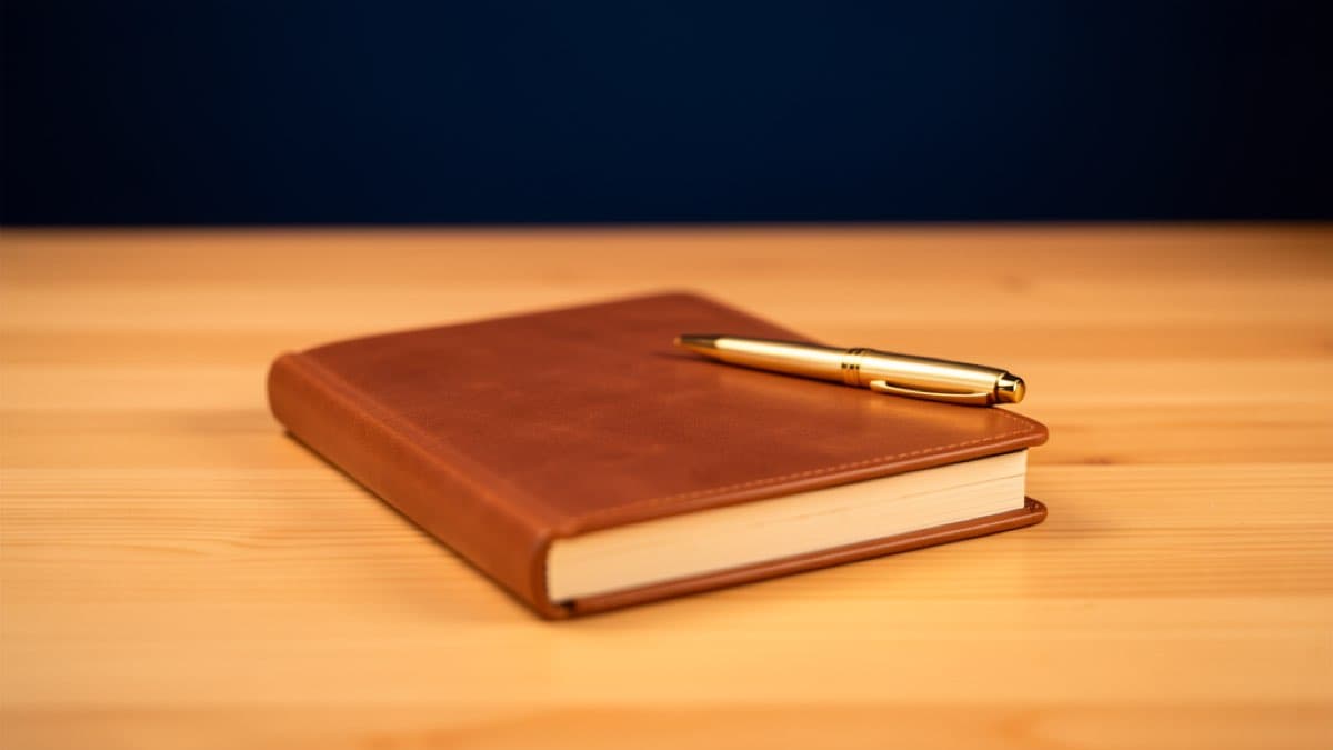 Where is a trust recorded, closed leather notebook with gold pen on a legal desk