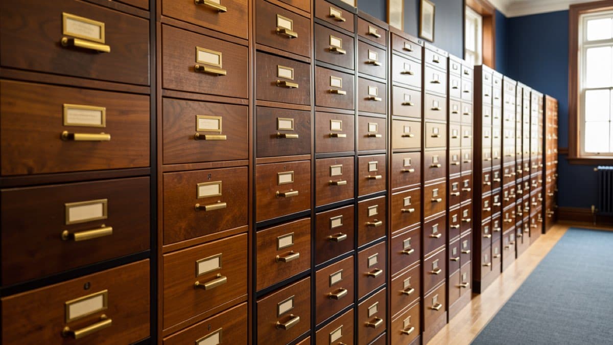 Where is a trust recorded, vintage wooden filing cabinets in a county records office