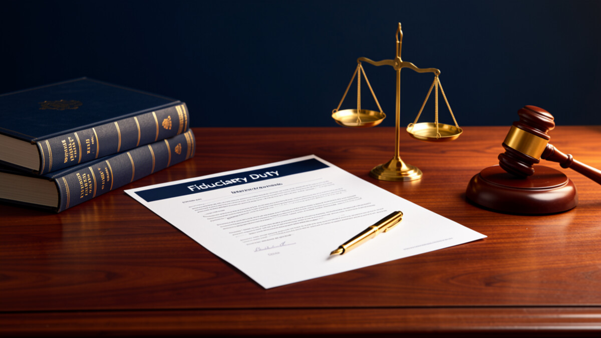 Fiduciary duty document with brass scales of justice and law books on a mahogany desk
