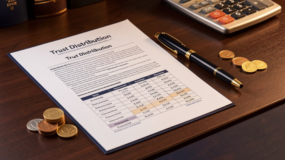 Trust distribution minutes — financial documents showing trust income distribution with calculator and pen on desk