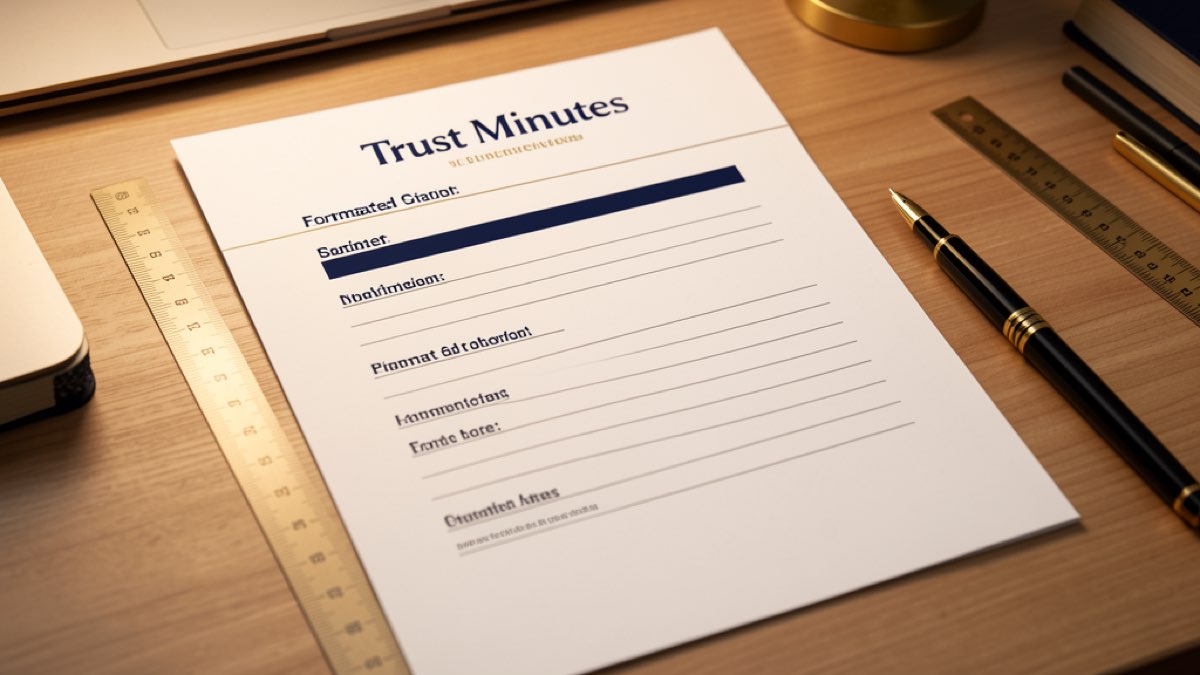 Trust minutes format guide — formatted trust meeting minutes document with section headings and structured layout